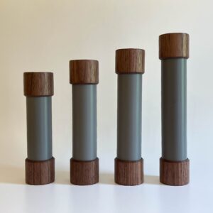 Luxury handmade women's dumbbells in walnut wood and grey stone.